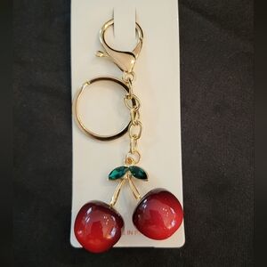 Gold 3D Cherry Keychain/Bag Charm with Green Rhinestone NWT